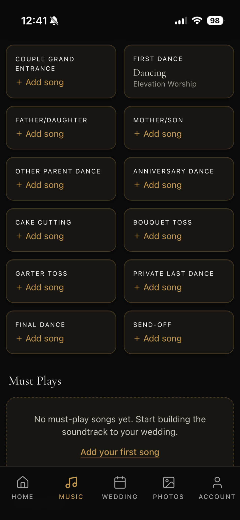Moskese app music planning screen
