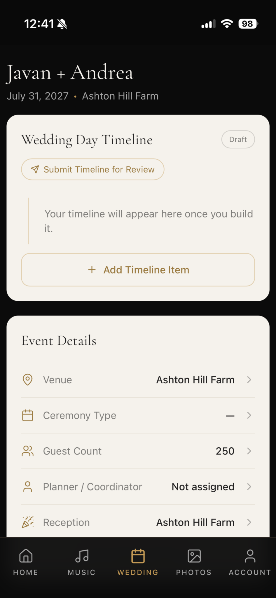 Moskese app wedding timeline and event details screen